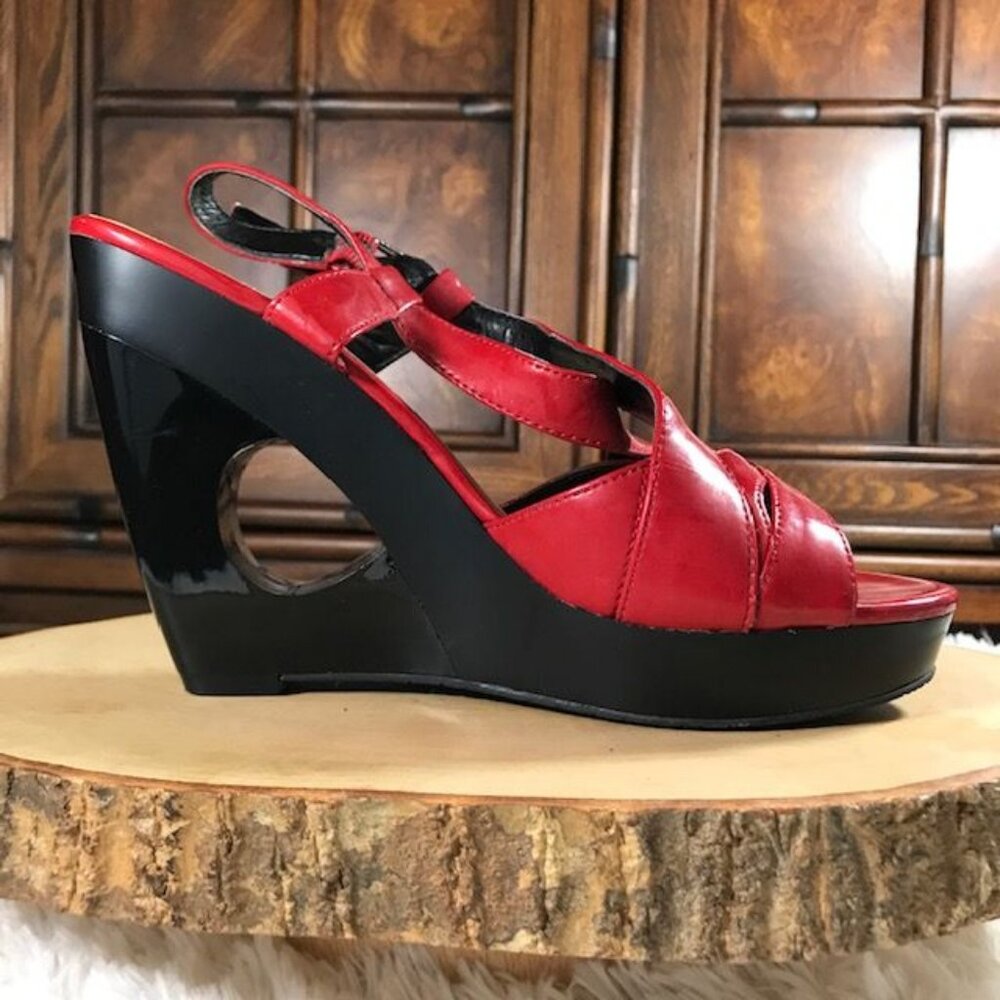 Nine West Strawberry Faux Leather Carve-Out Heel Buckle Sling Platform Sandal - Picture 5 of 14